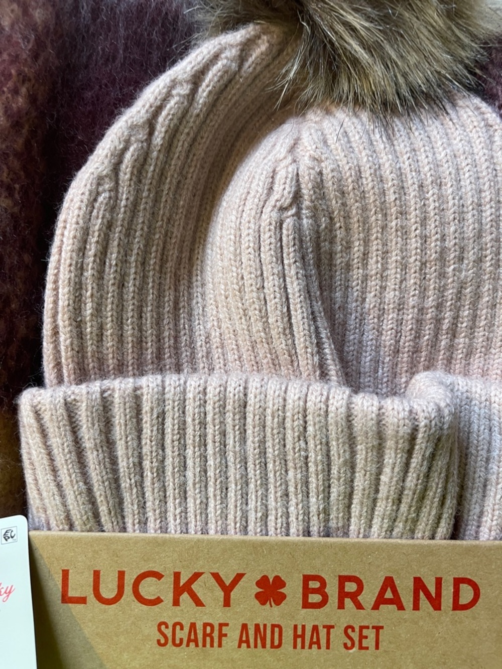 Lucky Brand Blush Pink Ribbed Knit Beanie with Faux Fur Pom and scarf